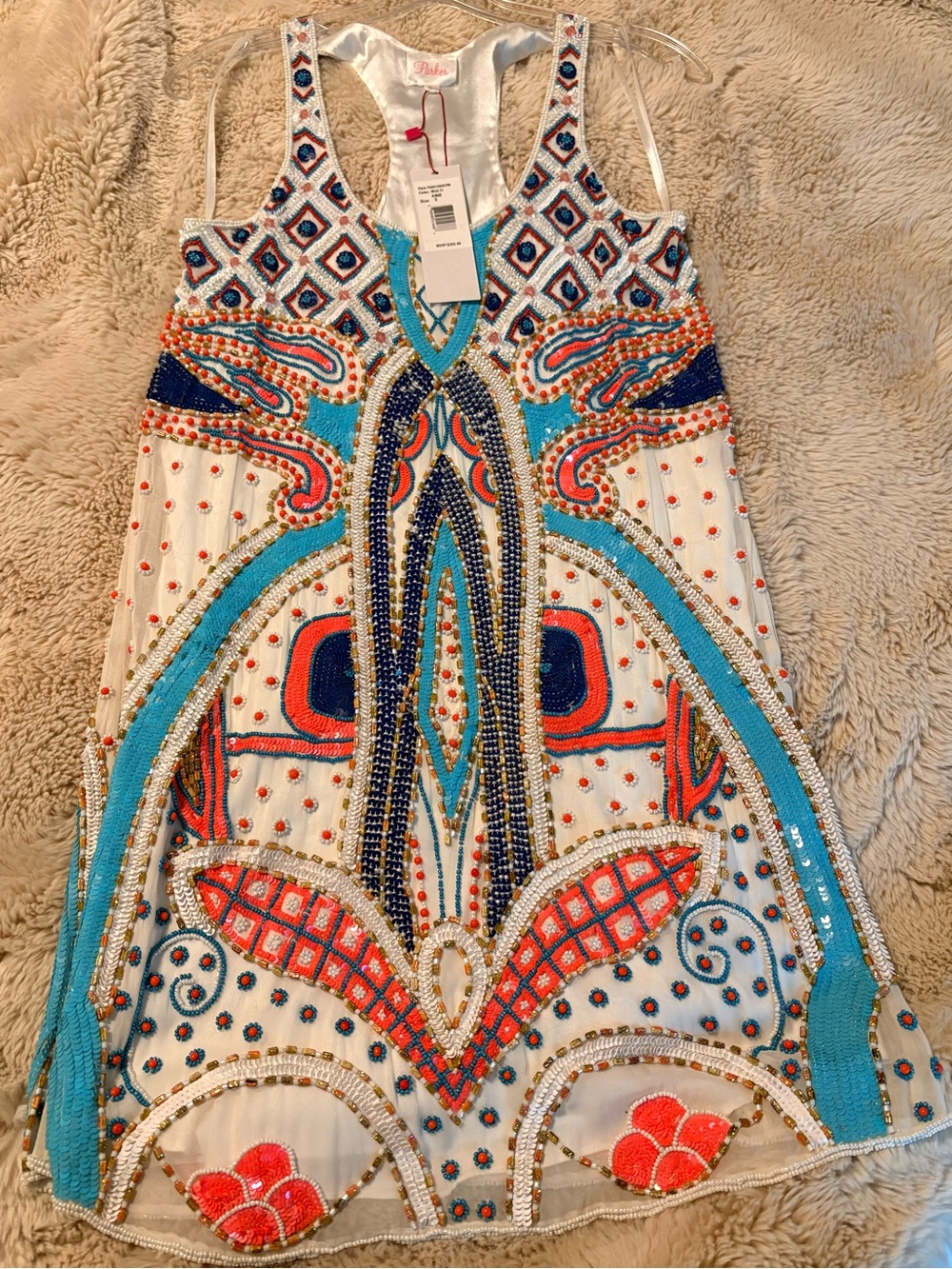 NWT Parker White Beaded Dress with Turquoise, Navy and Coral Accents size Small